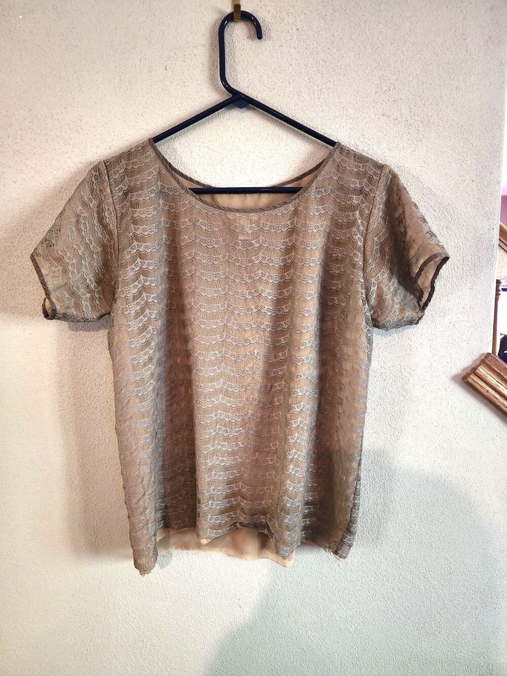 J Crew Lace Overlay Sheer Blouse Cottagecore Tan Beige Short Sleeve Womens Top S